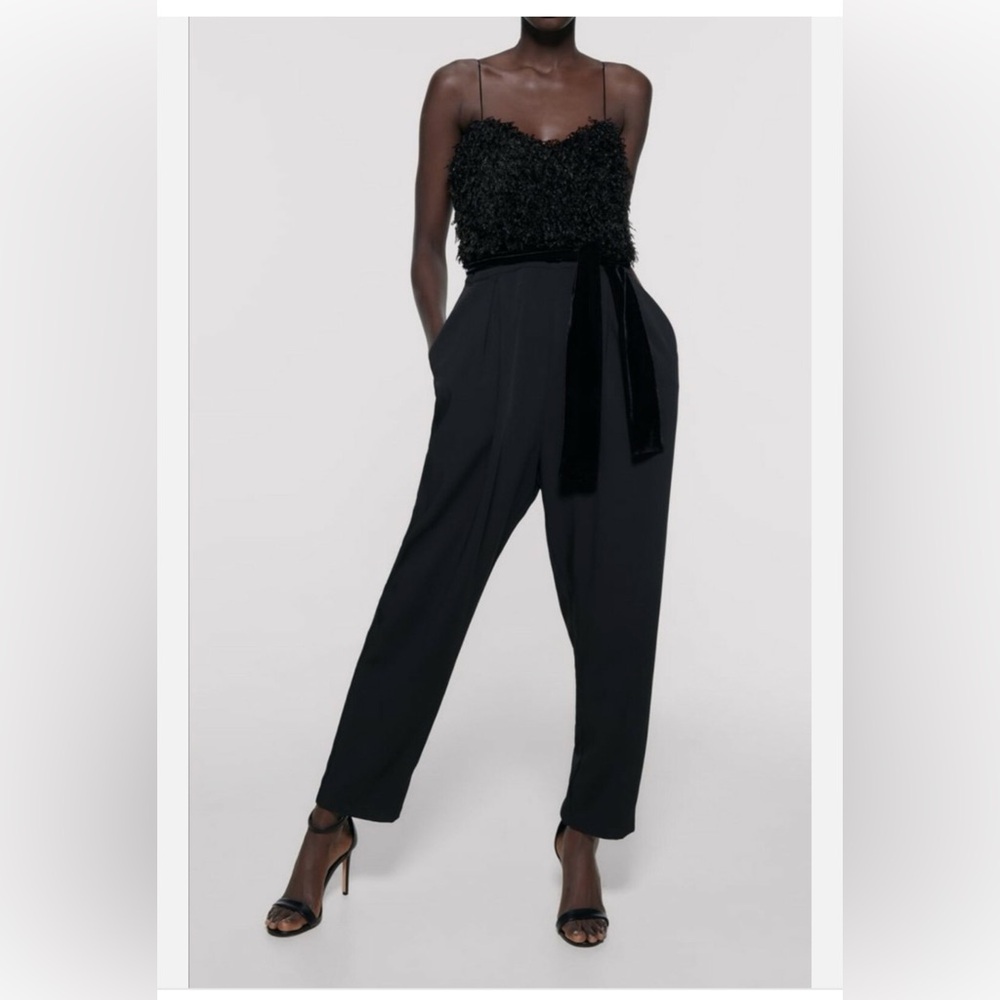Zara Black Combined Feather Effect Jumpsuit